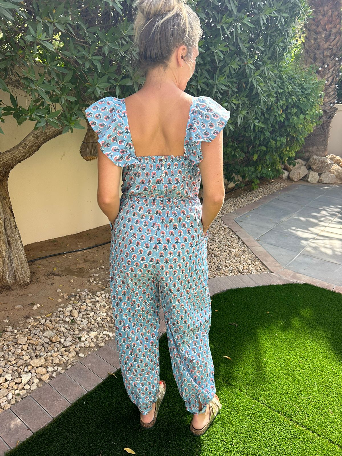 Adult Jumpsuit - Blue with Coral Flower