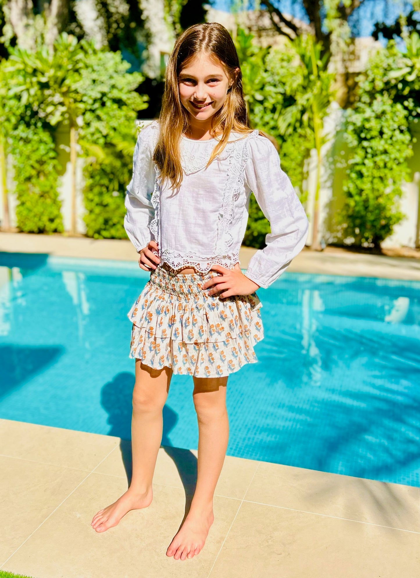 Mini Skirt - White with Blue and Yellow Flower