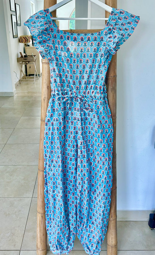 Jumpsuit - Blue with Coral Flower
