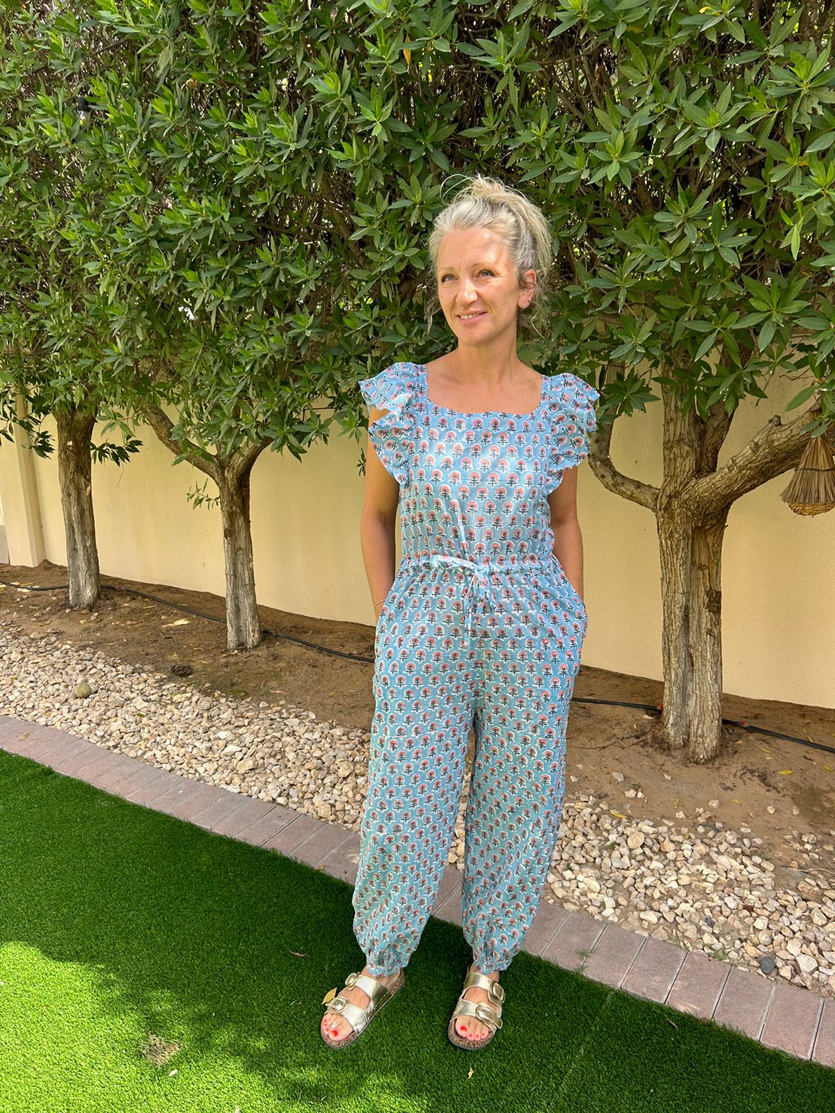 Adult Jumpsuit - Blue with Coral Flower