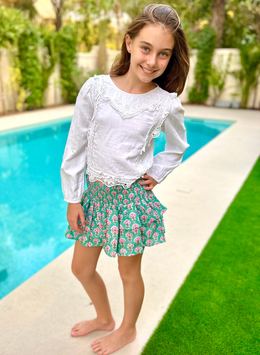Mini Skirt - Green with Pink Flower