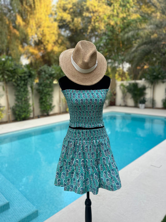 Short Skirt - Green with Blue Flower