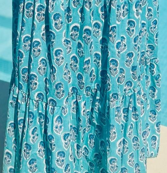 Short Dress - Green with Blue Flower