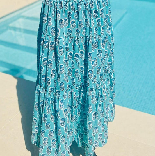 Long Tier Dress - Turquoise with Blue Flower