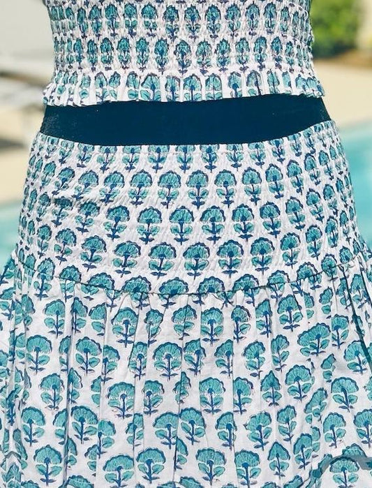 Short Skirt - White with Green and Blue Flower
