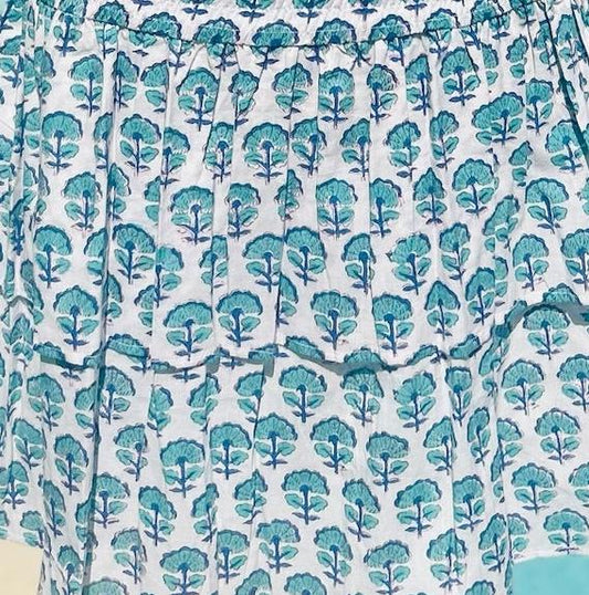 Long Tier Dress - White with Green & Blue Flower