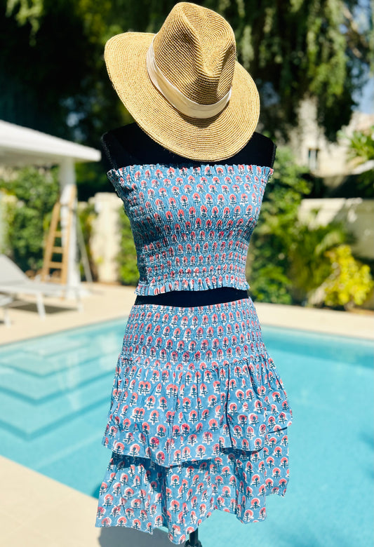 Bandeau Top - Blue with Coral Flower
