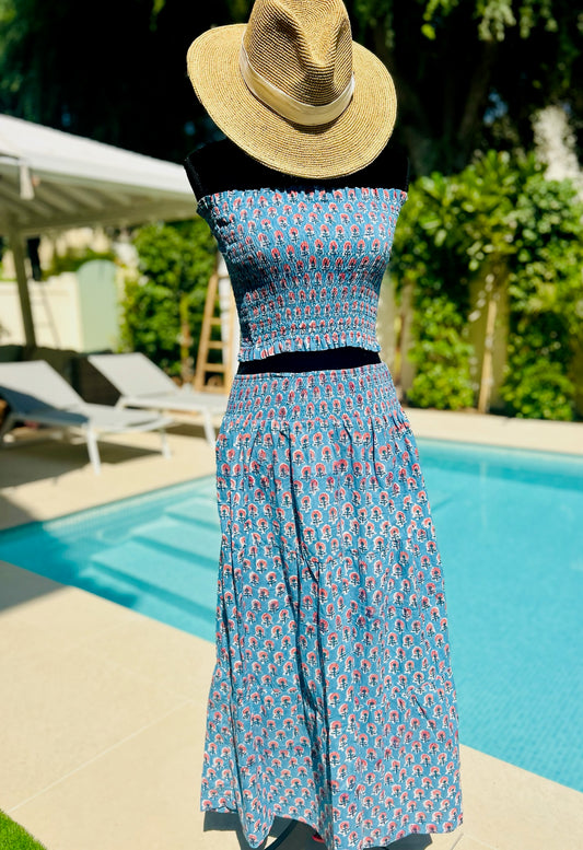Long Tiered Skirt - Blue with Coral Flower