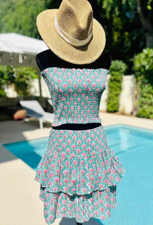 Bandeau Top - Green with Pink Flower