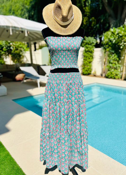 Long Tiered Skirt - Green with Pink Flower