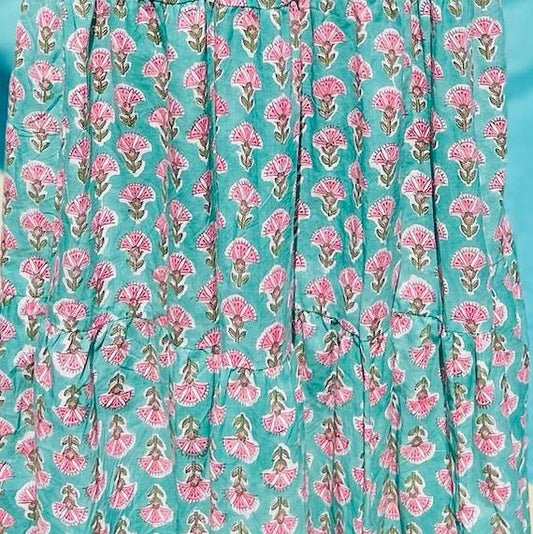 Long Tier Dress - Green with Pink Flower