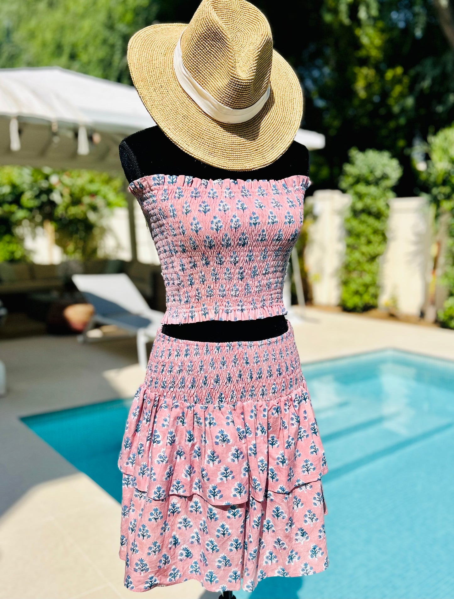 Bandeau Top - Pink with Blue Flower