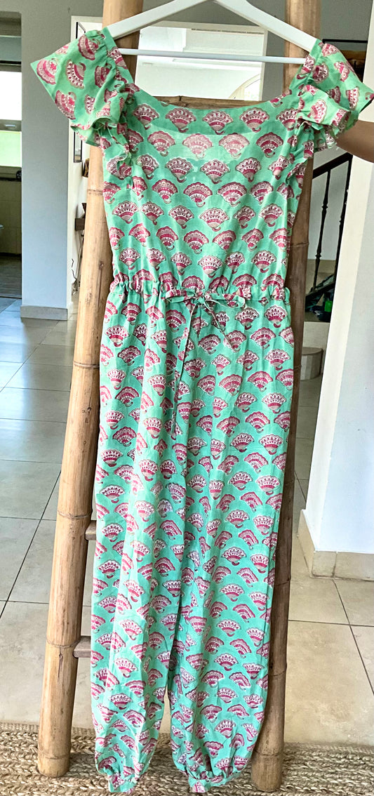 Jumpsuit - Green with Pink Fan