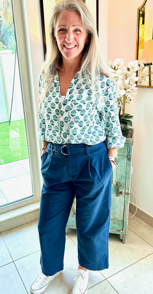 Shirt - White with Blue and Green flower