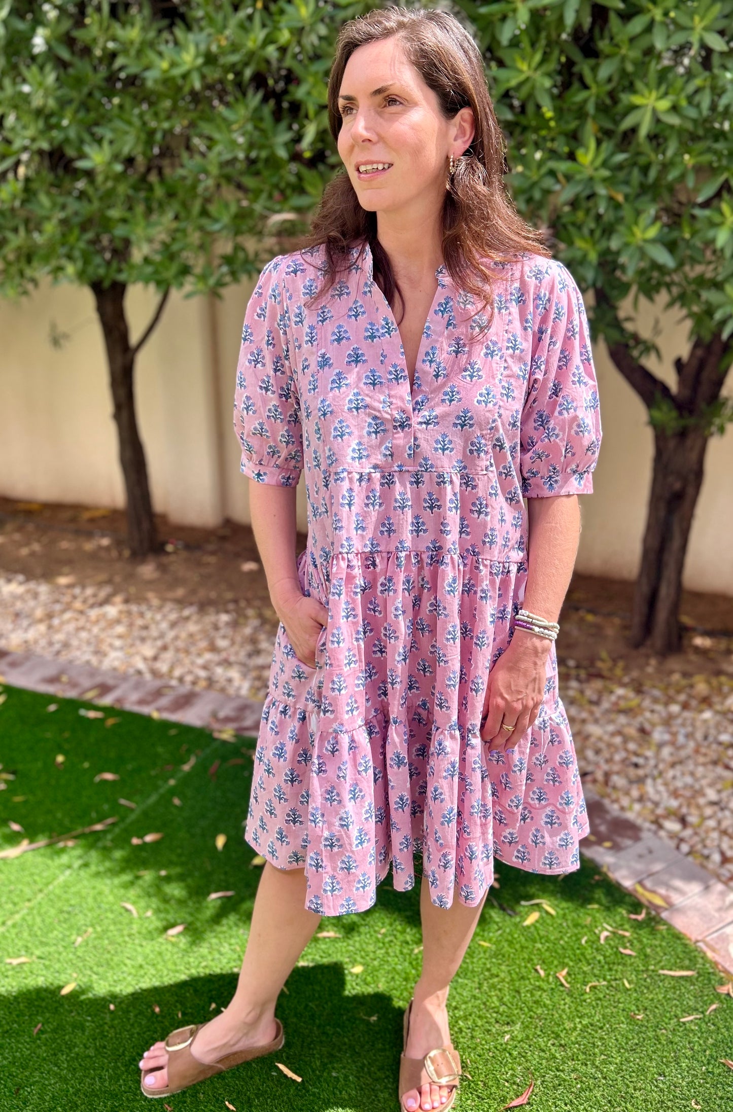 Short Dress - Pink with Blue Flowers