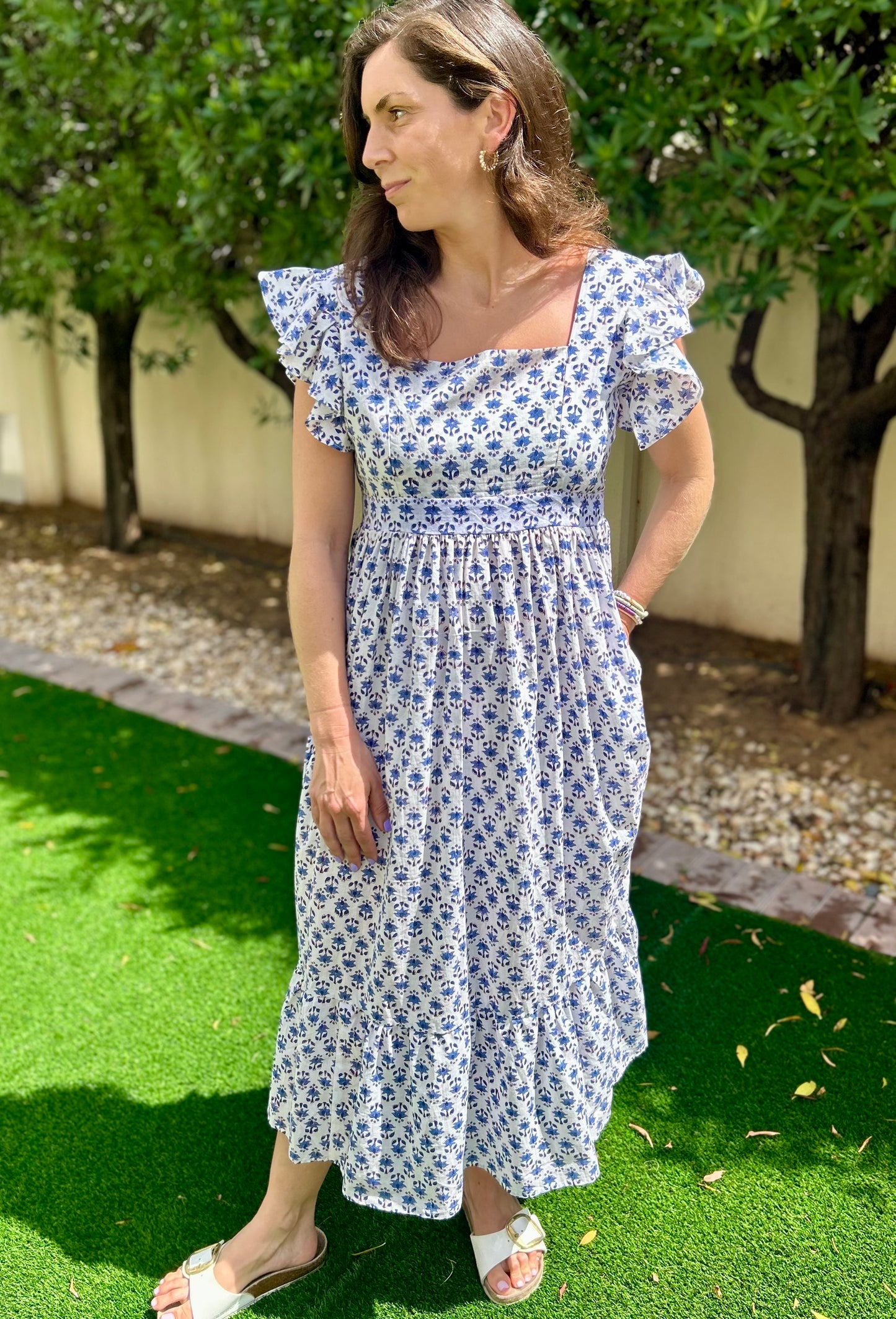 V Back Dress - White with Blue Flower