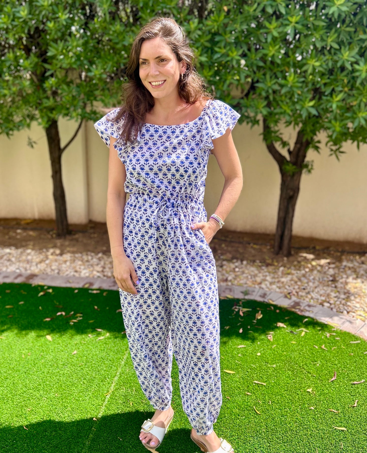 Adult Jumpsuit - White with Blue Flower