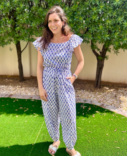 Adult Jumpsuit - White with Blue Flower