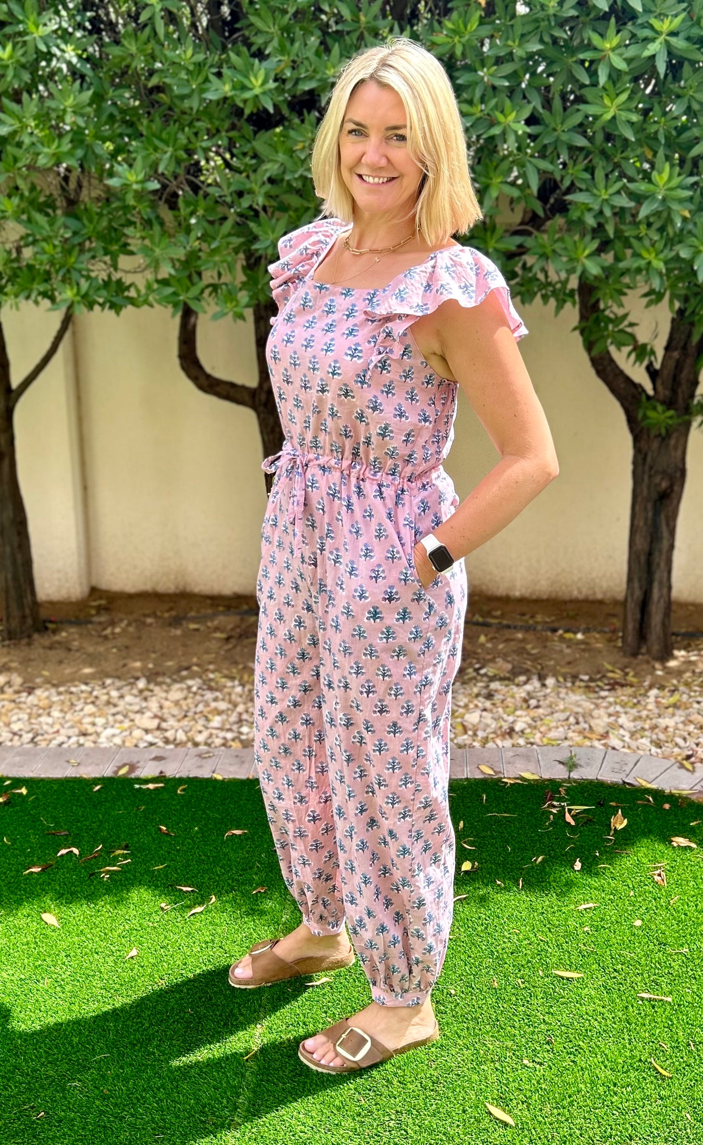 Adult Jumpsuit - Pink with Blue Flower