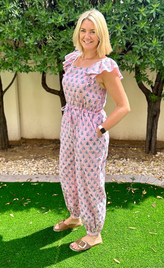 Adult Jumpsuit - Pink with Blue Flower