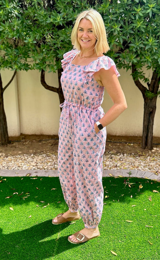 Kids Jumpsuits - Pink with Blue Flower