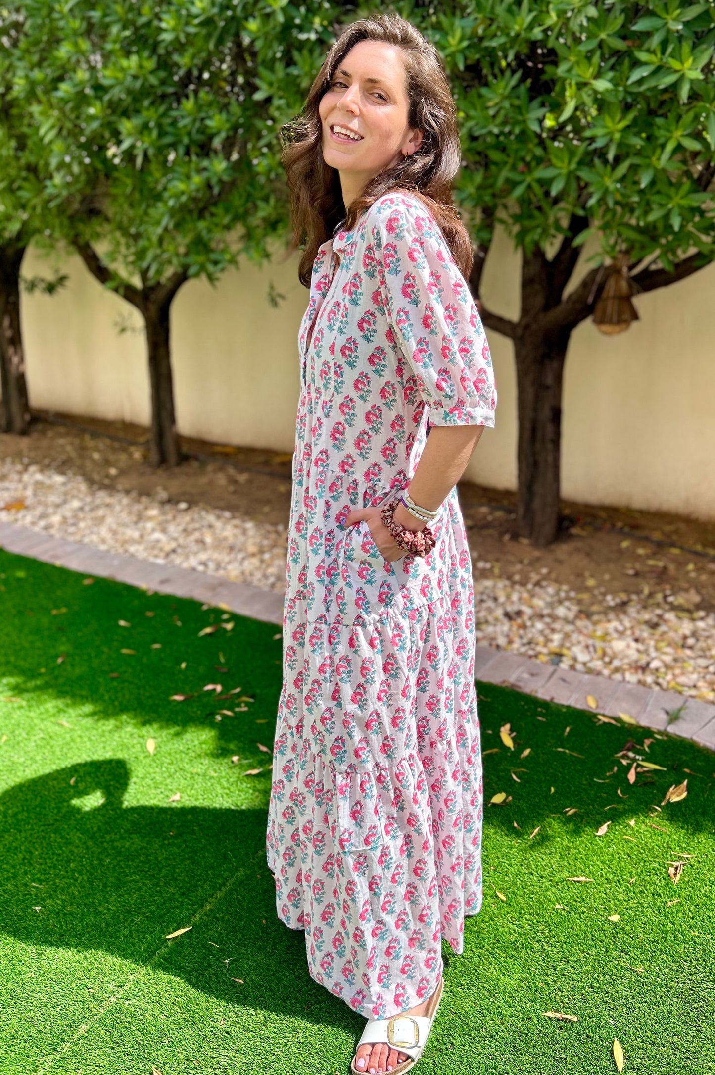 Long Tier Dress - White with Pink Flower