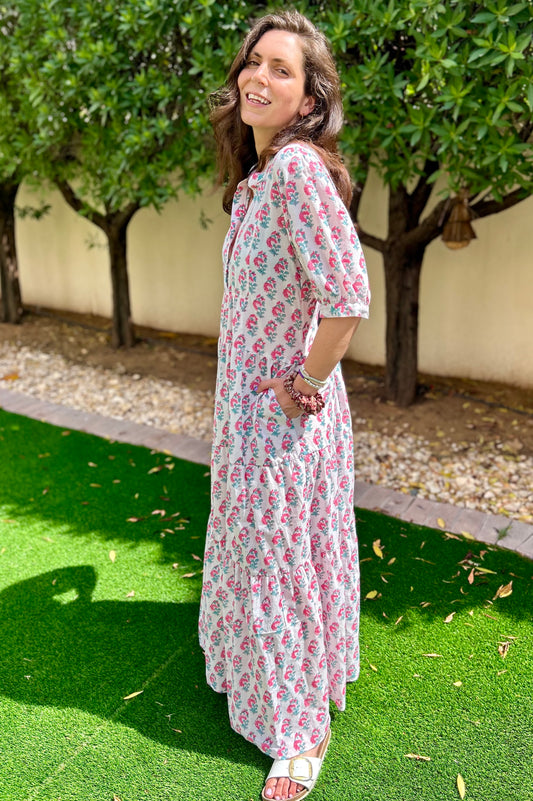 Long Tier Dress - White with Pink Flower