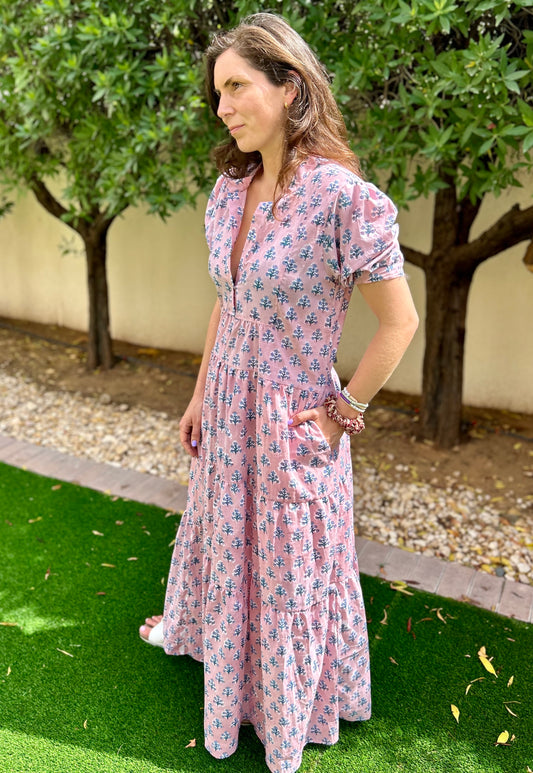 Long Tier Dress - Pink with Blue Flower