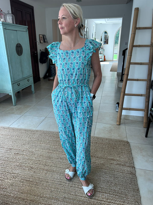 Adult Jumpsuit - Torquoise with Blue Flower