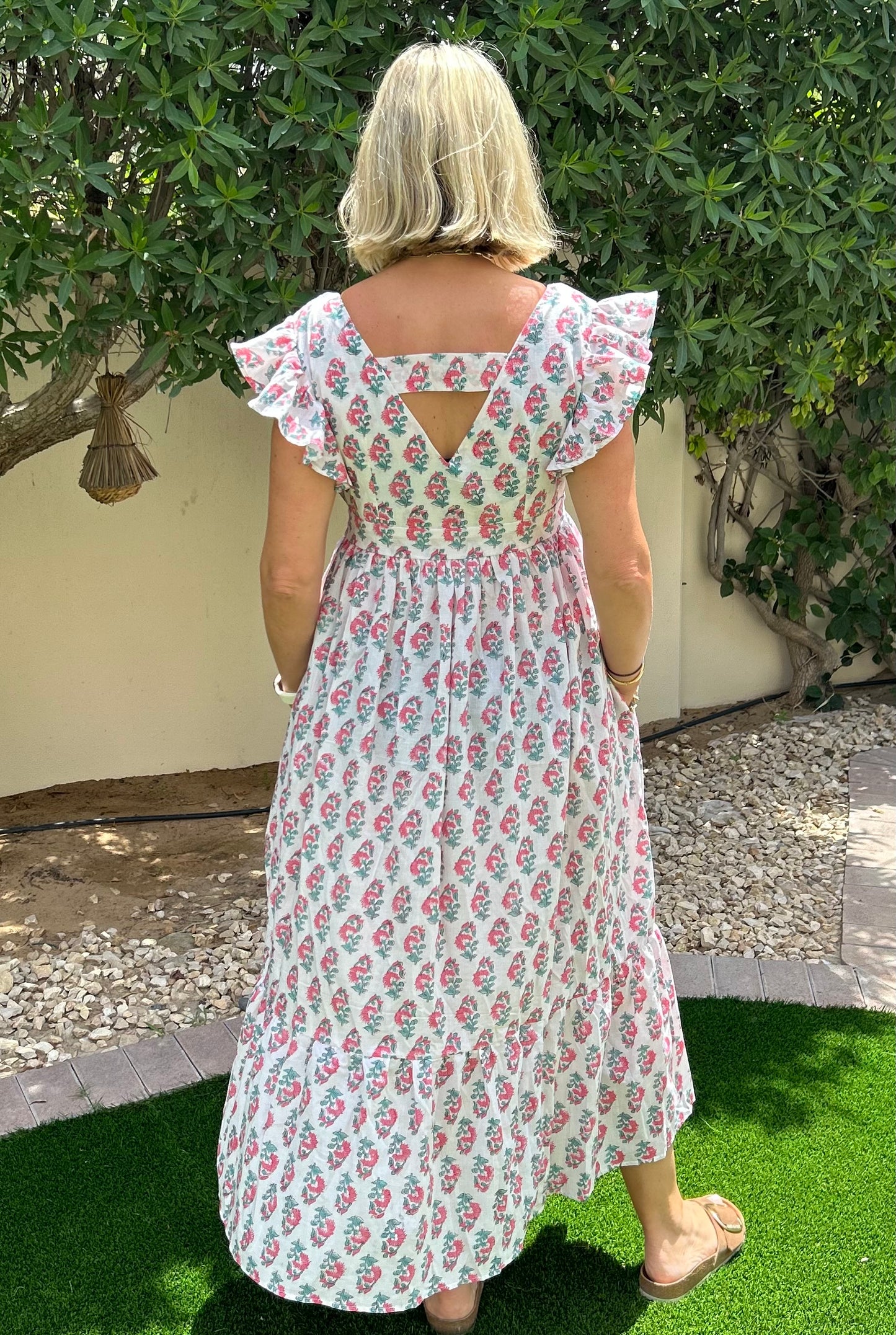 V Back Dress - White with Pink Flower