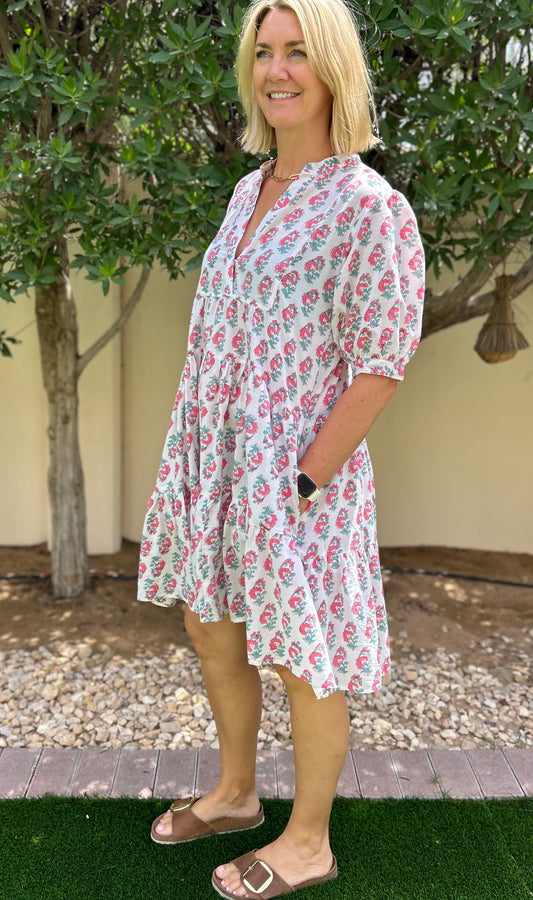 Short Dress - White with Pink Flower