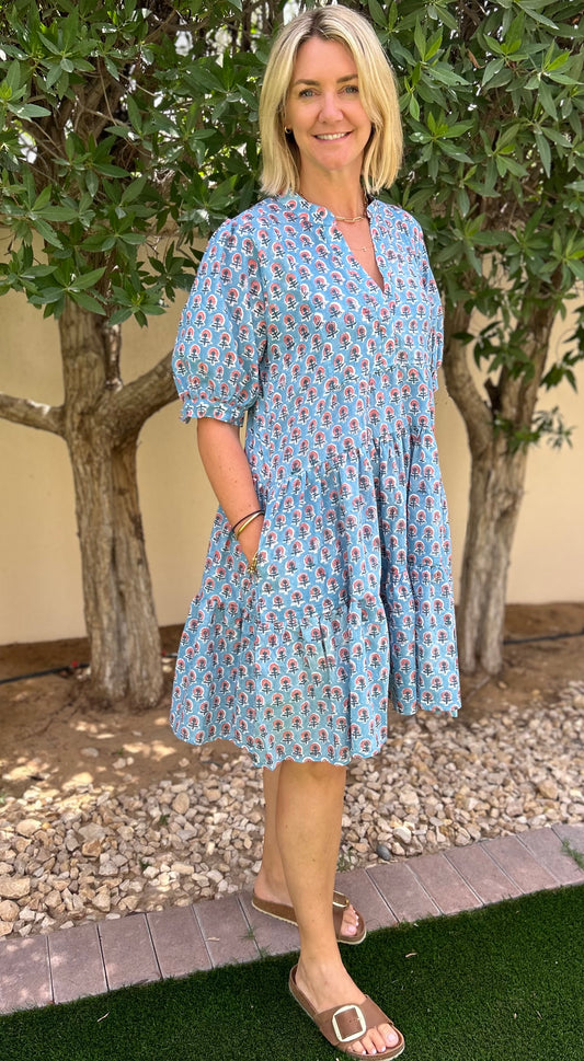 Short Dress - Blue with Coral Flower