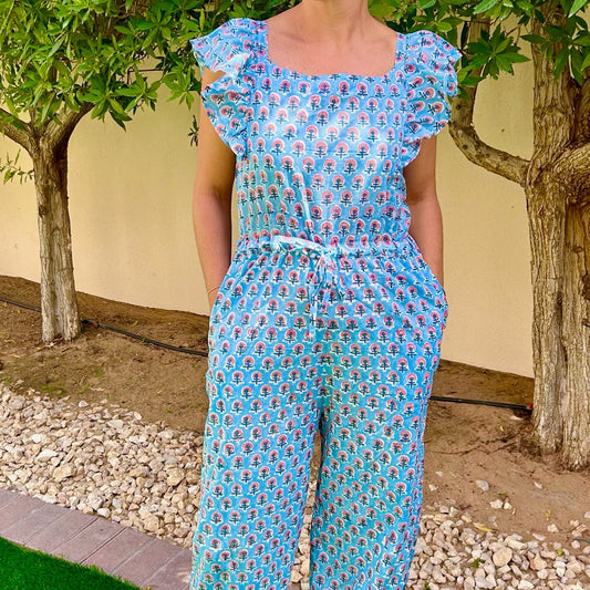 Kids Jumpsuit - Blue with Coral Flower