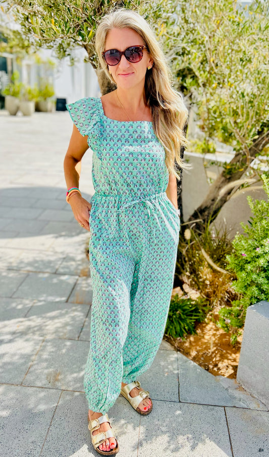 Adult Jumpsuit- Turquoise with Blue/brown flowers