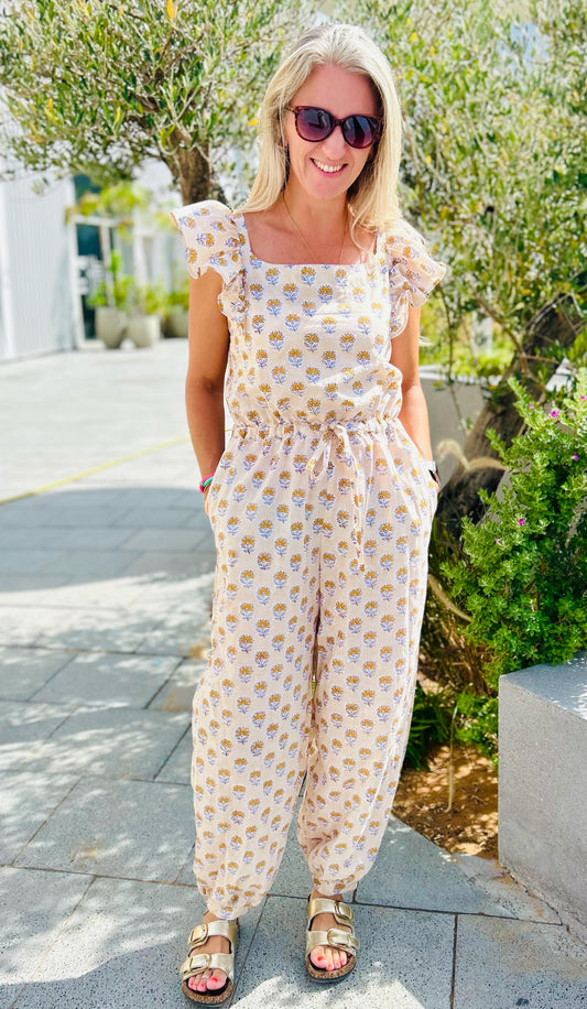 Adult Jumpsuit- Caramel with Yellow Flowers