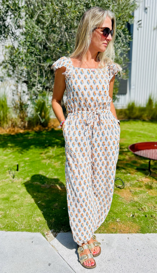 Adult Jumpsuit- white with yellow flowers