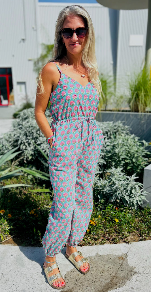 Adult Jumpsuit- Turquoise with Pink/Green Flower