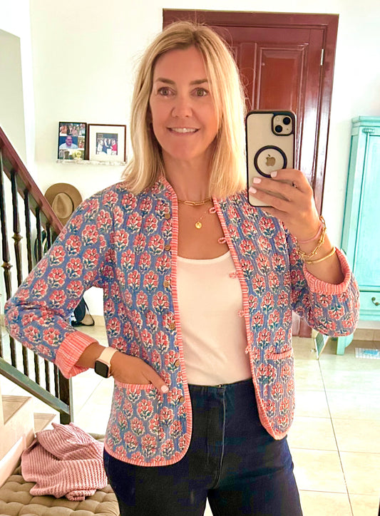 Kantha Jacket - Blue with Coral Flower