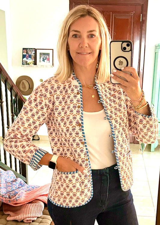 Kantha Jacket - White With Blue Flower