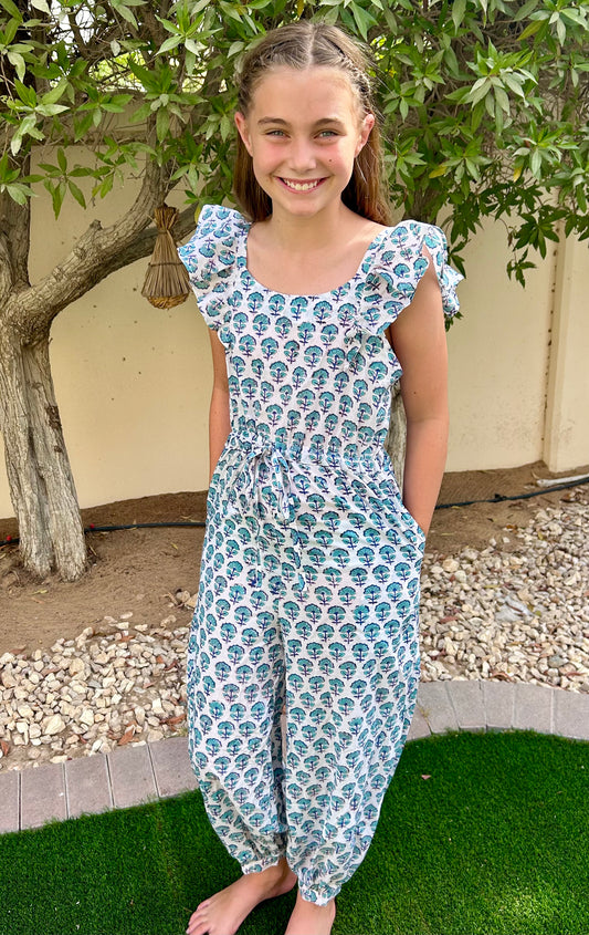 Kids Jumpsuit - White with Green / Blue Flower