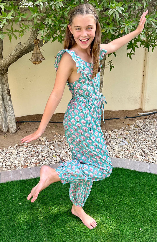 Kids Jumpsuit - Green with Pink Flower