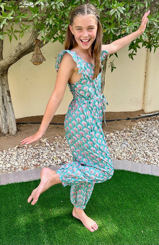 Adult Jumpsuit - Green with Pink Flower