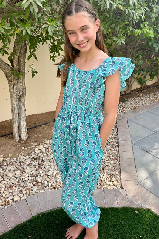 Kids Jumpsuit - Green with Blue Flower